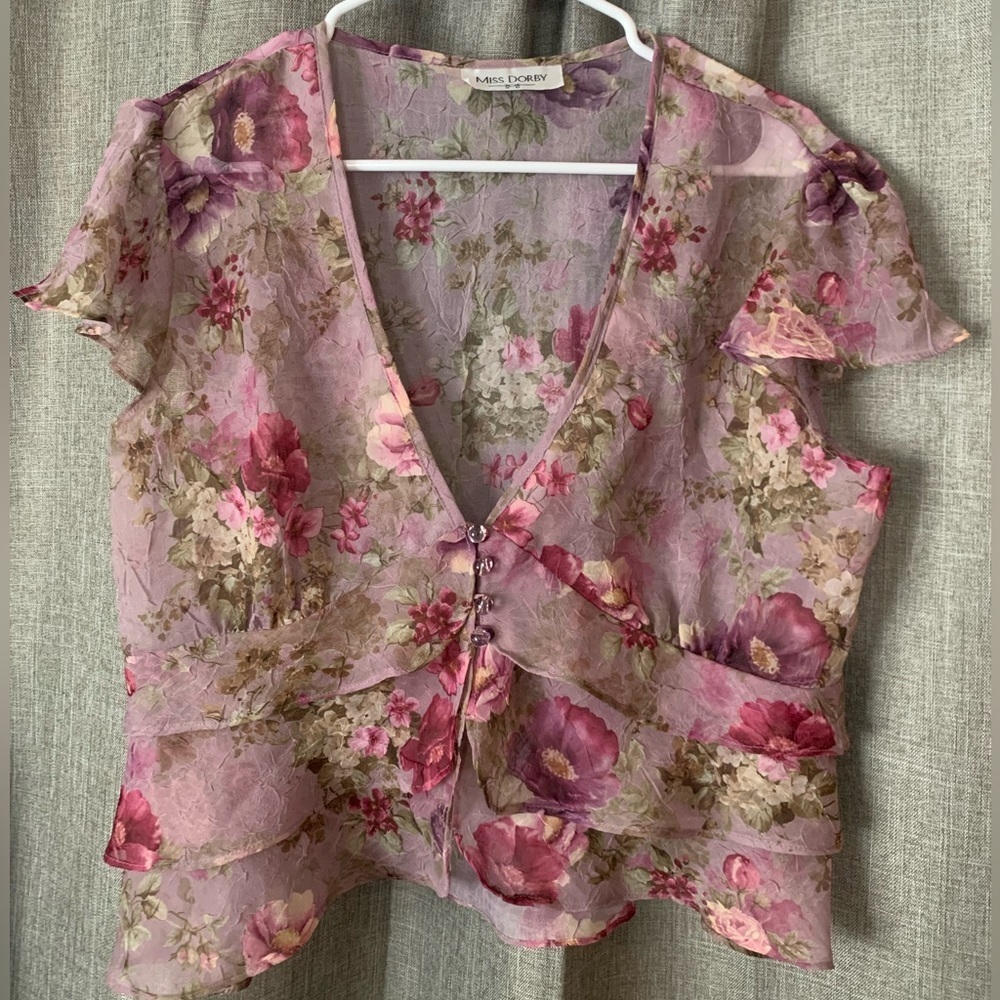 Miss Doreen Pink Floral V-Neck Sheer Blouse